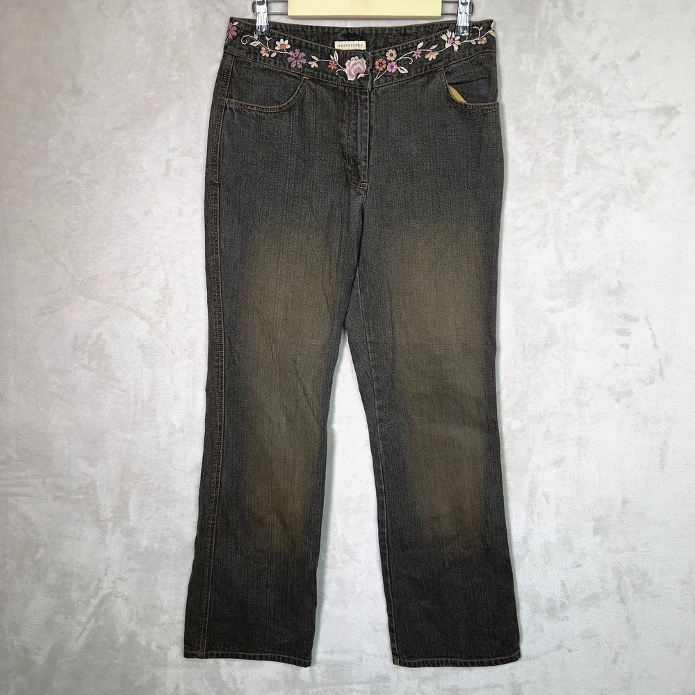 Vintage Apostrophe Y2K Embroidered Floral Waist Jeans Women 10 Gray Straight Leg